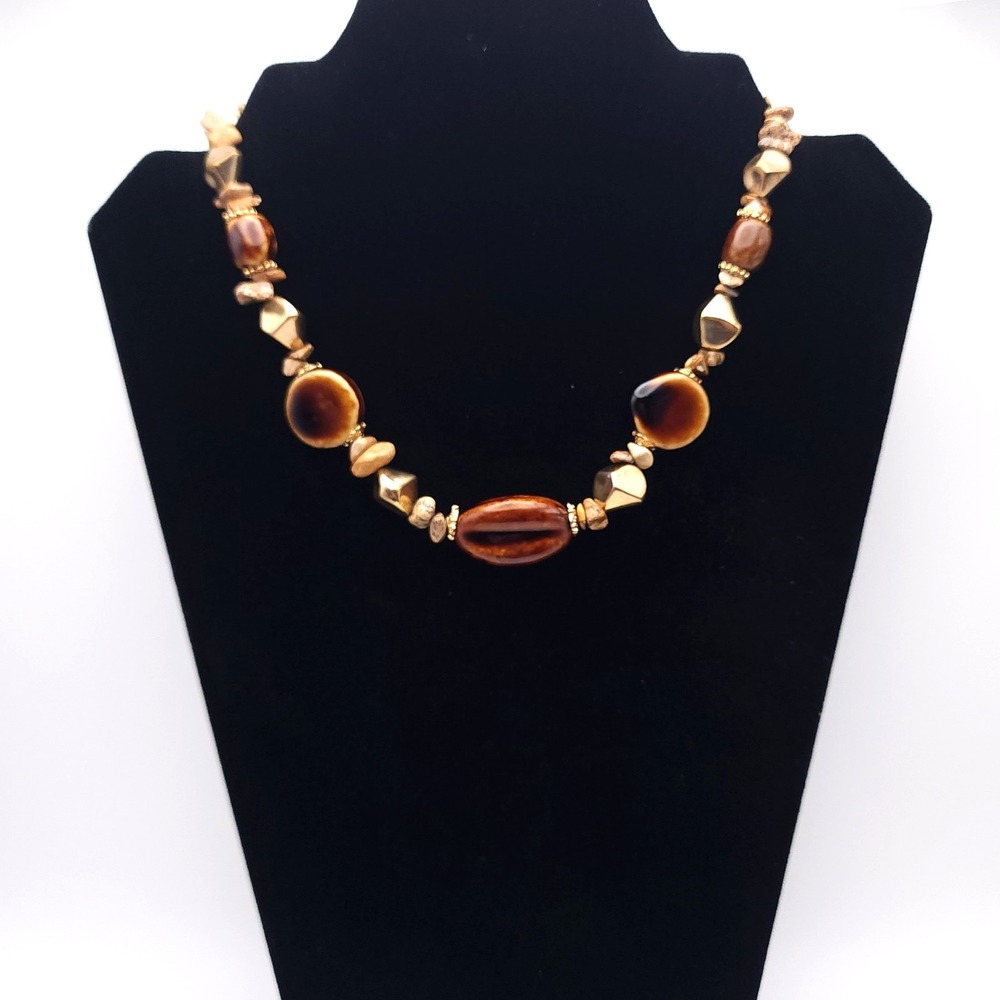 Vintage NENA Necklace Brown Glazed Ceramic Art Glass Stone Chip Gold Tone 16in
